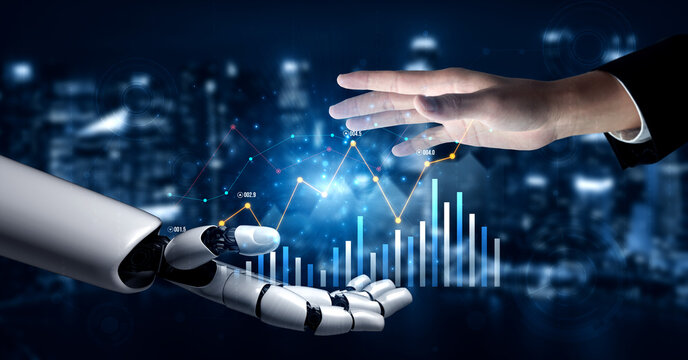 Visual representation of human and robot collaboration in data analytics. Emphasizing innovation and partnership in technology-driven business environments. Scalp