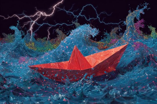 Paper ships, mighty dreams: the voyage of togetherness. Information flow. Dark clouds loom as a cuban boat finds its way in troubled seas. Intelligent network. Global network.