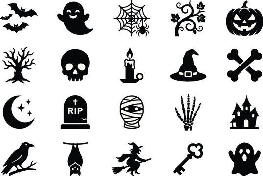 Halloween icons set with black and white symbols, halloween