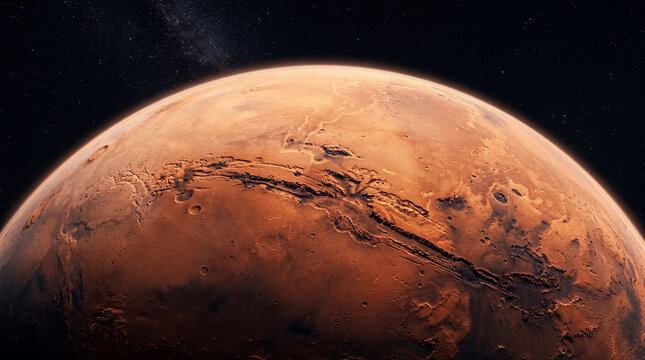 Cinematic close-up of planet Mars from low orbit, featuring a detailed red planetary surface with craters, canyons, and dusty terrain against a deep space background with stars.