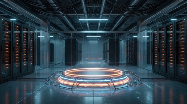 Surreal abstract display stage glowing inside high tech orange server room vault, 3D illustration, futuristic data cybersecurity