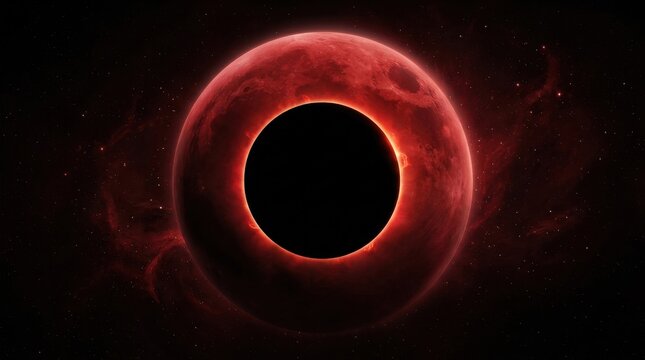 Black moon silhouette over red planet background, digital illustration, eclipse space composition, dramatic light, black red