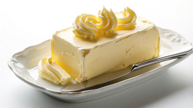 Block of yellow dairy butter sits on white ceramic plate with metal knife. Fresh creamy fat ingredient lies on fancy dish. Soft spreadable margarine product decorated with swirl shapes for breakfast