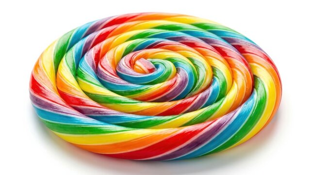 Colorful spiral candy disk on white studio surface, studio product photo, sweet abstract composition, bright light, rainbow