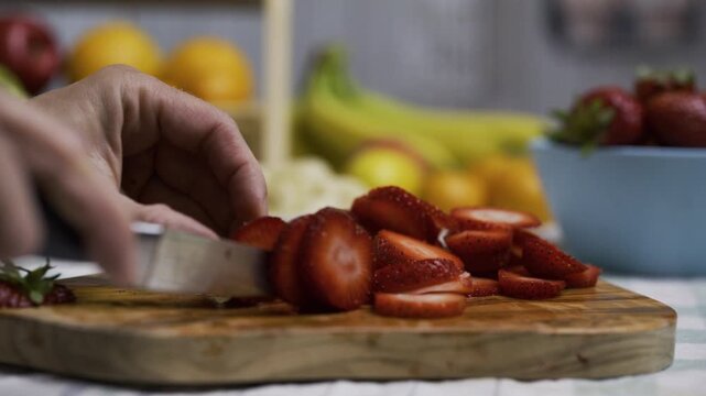 Cook using small knife to slice up strawberries on cutting board in kitchen, closeup shot