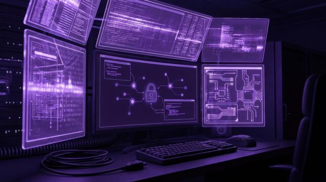 Dark computer terminal screen with glowing purple code panels, 3D illustration, cybersecurity concept composition, neon violet