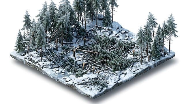 Isometric 3D icon of a winter forest with fallen trees isolated