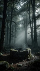 Fototapeta premium Old stone well stands in dark foggy forest area. Ancient mossy rocks form circle structure inside deep woods. Eerie mist floats above ground near deep water shaft. Surreal light beams pierce through