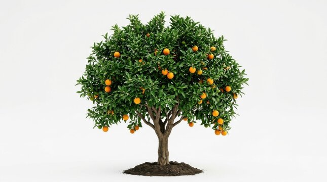 Single lush green orange tree standing solitary against clean white background, realistic stock photo, minimalist natural botany