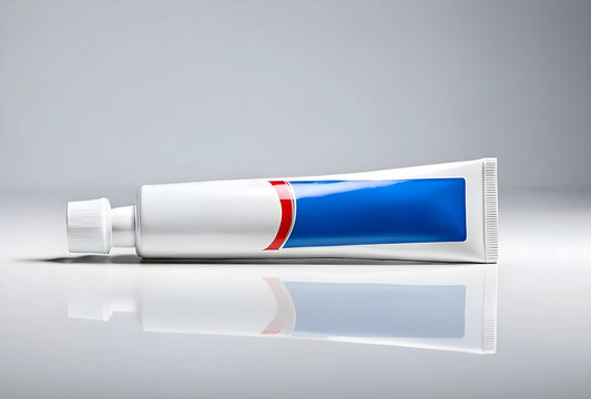 White toothpaste tube with blue and red label design, dental hygiene and oral care product, isolated on a reflective gray background