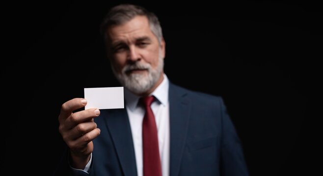 Mature businessman in suit holding office business card advertisement.