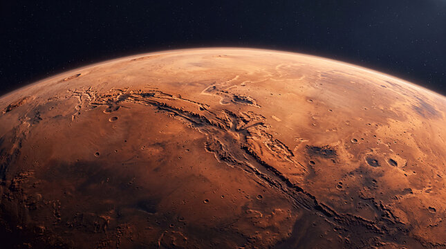 Cinematic close-up of planet Mars from low orbit, featuring a detailed red planetary surface with craters, canyons, and dusty terrain against a deep space background with stars.