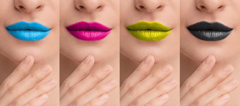 Woman with lipstick in CMYK colors, collage
