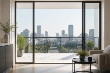 Naklejka premium Open living room with balcony overlooking urban skyline