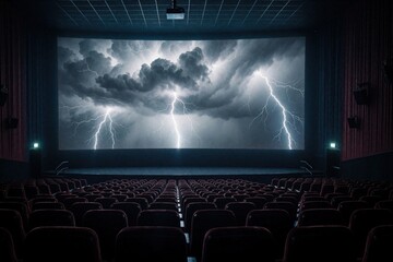 Naklejka premium Empty cinema hall interior with large projection screen showing dramatic thunderstorm. Dark theater room features rows of red velvet seats facing big display with bright lightning flashes. Visual