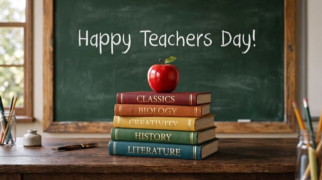 A stack of colorful books topped with a red apple before a classroom chalkboard