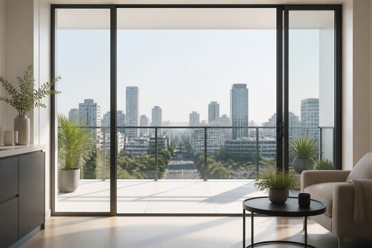 Open living room with balcony overlooking urban skyline