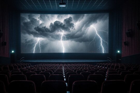 Empty cinema hall interior with large projection screen showing dramatic thunderstorm. Dark theater room features rows of red velvet seats facing big display with bright lightning flashes. Visual