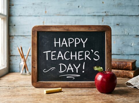 A chalkboard with happy teachers day written on it beside a red apple and books