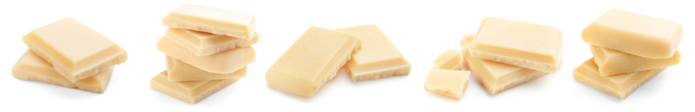 White chocolate. Pieces isolated on white, set