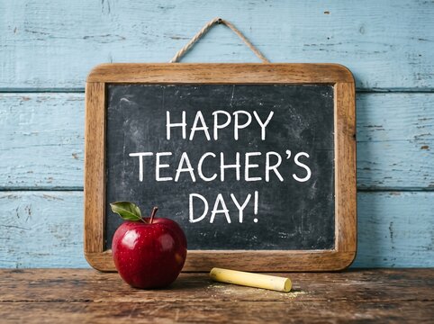 A rustic chalkboard sign wishing a happy teachers day with a fresh red apple