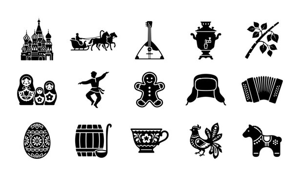 Russian culture icons set, traditional folk symbols collection with matryoshka and balalaika, 15 black silhouette vector illustrations for travel and tourism