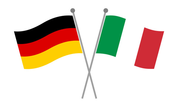 Crossed national flags of Germany and Italy on flagpoles representing diplomatic relations, international partnership and geopolitical cooperation vector illustration