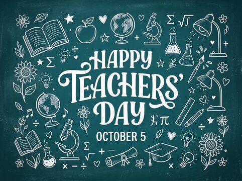 Happy teachers day greeting card design featuring hand drawn school supplies on green chalkboard background