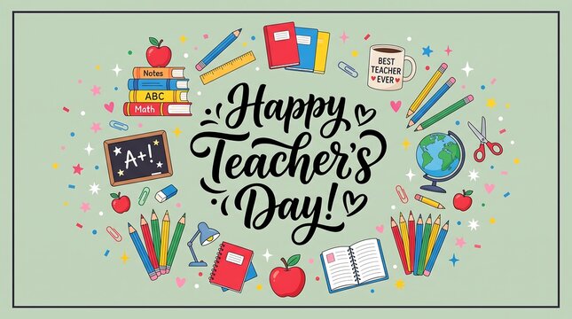 Happy teachers day greeting card design featuring colorful school supplies and decorative handwritten calligraphy text