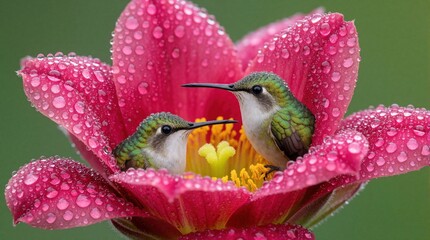 Fototapeta premium Two small hummingbirds sit inside large pink flower with rain water drops on petals. Tropical birds rest in blooming plant center. Wildlife macro shot shows vivid garden flora with green feathers,