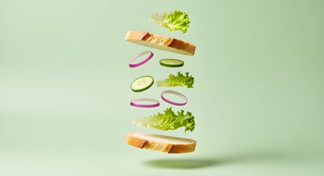Floating sandwich ingredients with bread, lettuce, cucumber, red onion, tomato, cheese, and sliced turkey on a soft green background for healthy lunch advertising, cafe menus, meal preparation, and fo