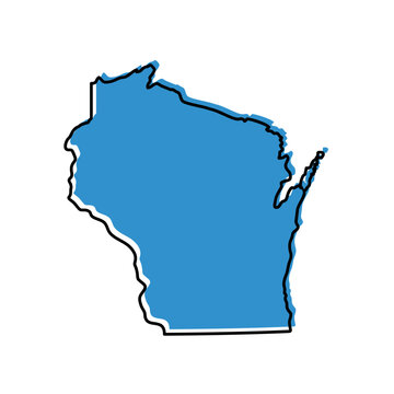 Vector Illustration of the Wisconsin State Map in Blue with Black Outline, Simple Geographic Silhouette Isolated on White Background