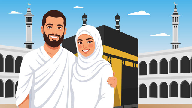 Flat vector illustration of Muslim pilgrims wearing Ihram in front of the Holy Kaaba, representing Hajj, Umrah, Islamic pilgrimage, faith, worship, and spiritual devotion.
