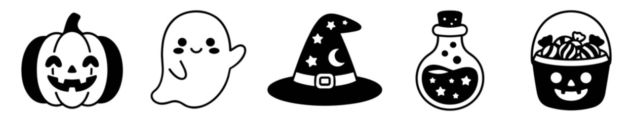 Black and white Halloween icons with pumpkin, ghost, witch hat, magic potion, and candy bucket on transparent background © Andrey