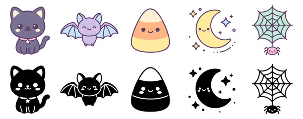 Fototapeta premium Cute Halloween themed kawaii style icons including cat, bat, candy corn, crescent moon, and spider web with spider on transparent background