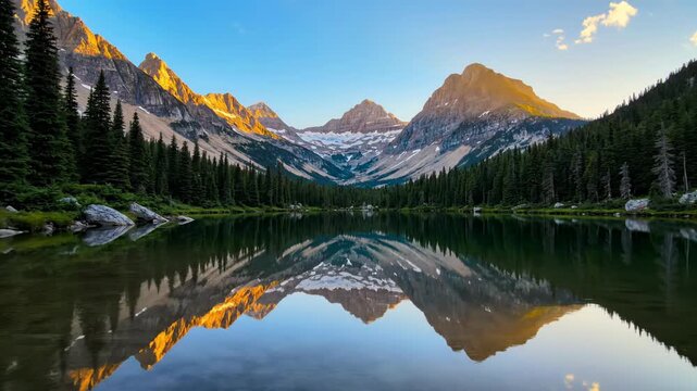 Alpine lake mirroring jagged mountains and evergreen forest.