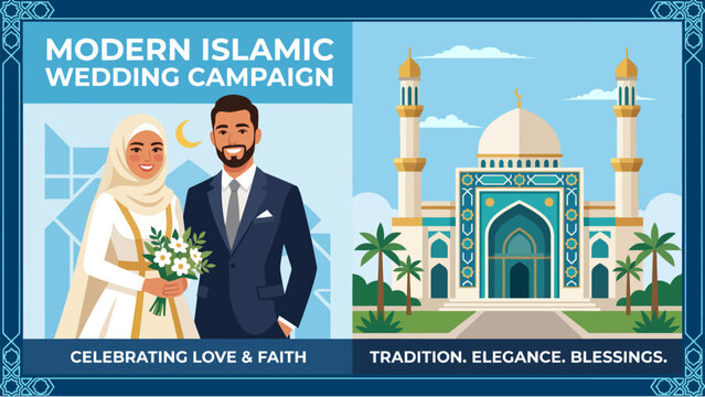 Modern flat vector of a Muslim bride and groom celebrating love, marriage, tradition, faith, cultural heritage, and Islamic wedding ceremonies with mosque architecture.