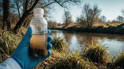 Obraz premium Scientist hand in blue glove holds dirty water sample from river. Analyst researches water quality and pollution in nature setting. Water testing outdoors near stream.