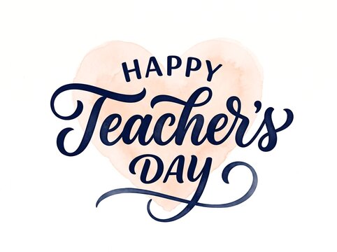 Elegant happy teachers day calligraphy greeting card design with a soft pastel heart background