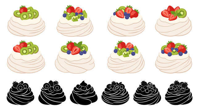 Professional Vector Collection Featuring Classic Pavlova Desserts with Crisp Meringue, Whipped Cream and Fresh Fruit Isolated on White Background