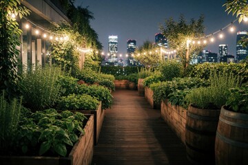 Obraz premium Rooftop garden with fresh vegetables, herbs grows in wooden boxes at night. City skyline view glows in background under string lights. Wooden floor path leads through small urban farm oasis. Calm