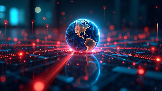 Network warfare visuals around a static digital globe with red blue data streams and countermeasures