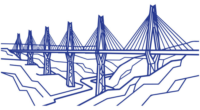 Cable stayed bridge vector illustration in blue line art style spanning a valley for engineering and travel design