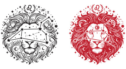 Leo zodiac sign vector illustration featuring lion head with constellation and celestial elements in black and red line art © Peugot