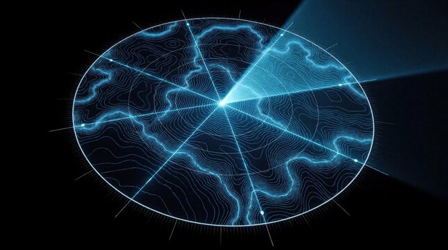 Futuristic blue radar screen shows glowing topographic map lines on dark background. Digital light scanner rotates over circle interface display. Advanced tech system monitors movement using neon