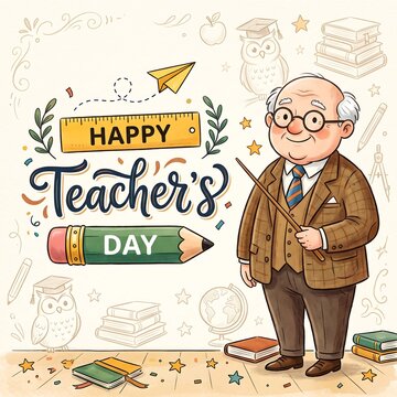 An elderly male teacher standing proudly celebrating a special happy teachers day illustration design