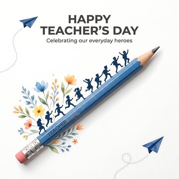 A creative illustration celebrating teachers day with a pencil and silhouettes of happy school children
