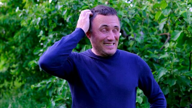 Confused gestures and exaggerated facial expressions create humorous moment as a gardener scratches his head and reacts with playful uncertainty. scene conveys curiosity amusement and everyday humor.