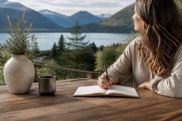 Fototapeta premium Woman writing in notebook on balcony overlooking lake mountains