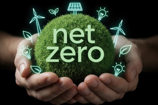 Hands cradle green sphere with net zero text. Surrounding icons symbolize clean energy, eco friendly future, wind turbines, solar panels, leaf growth, light bulbs. Global conservation concept.